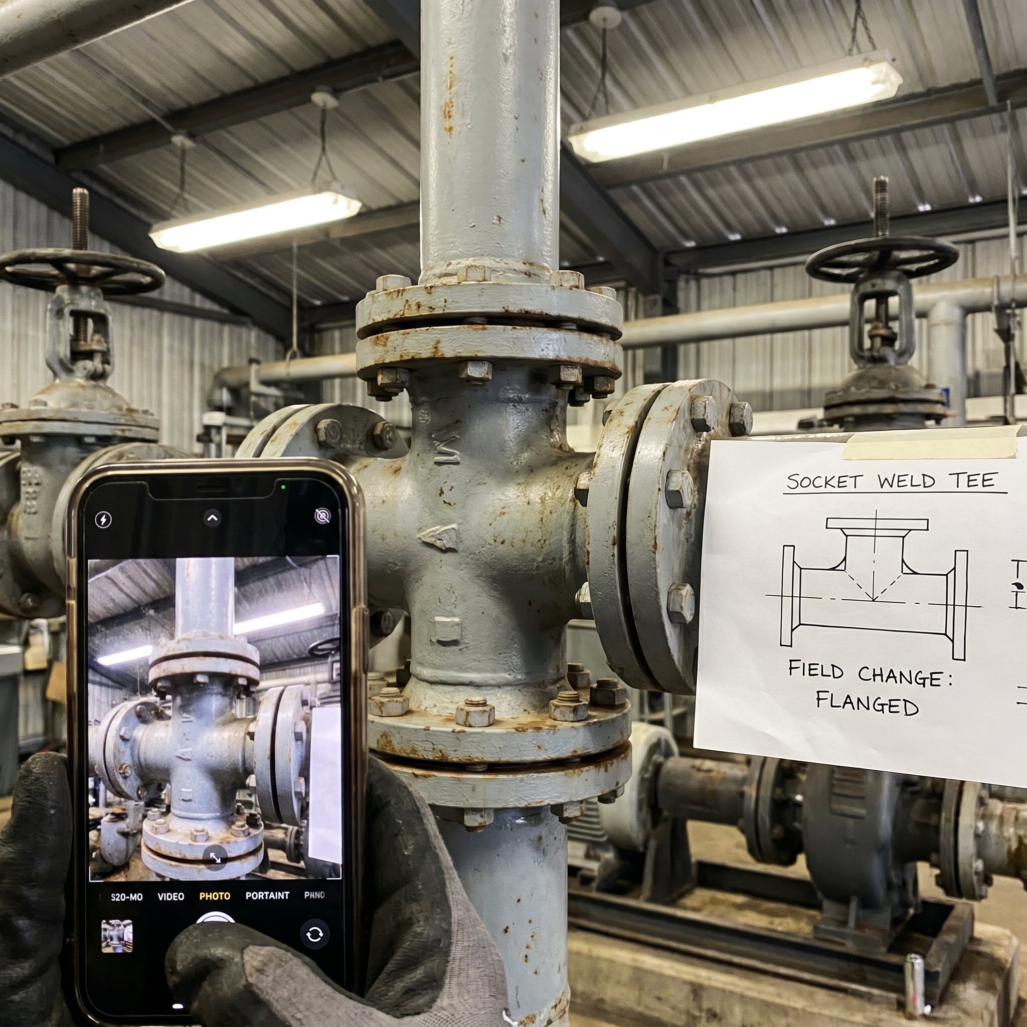 Discharge manifold — close-up at tee