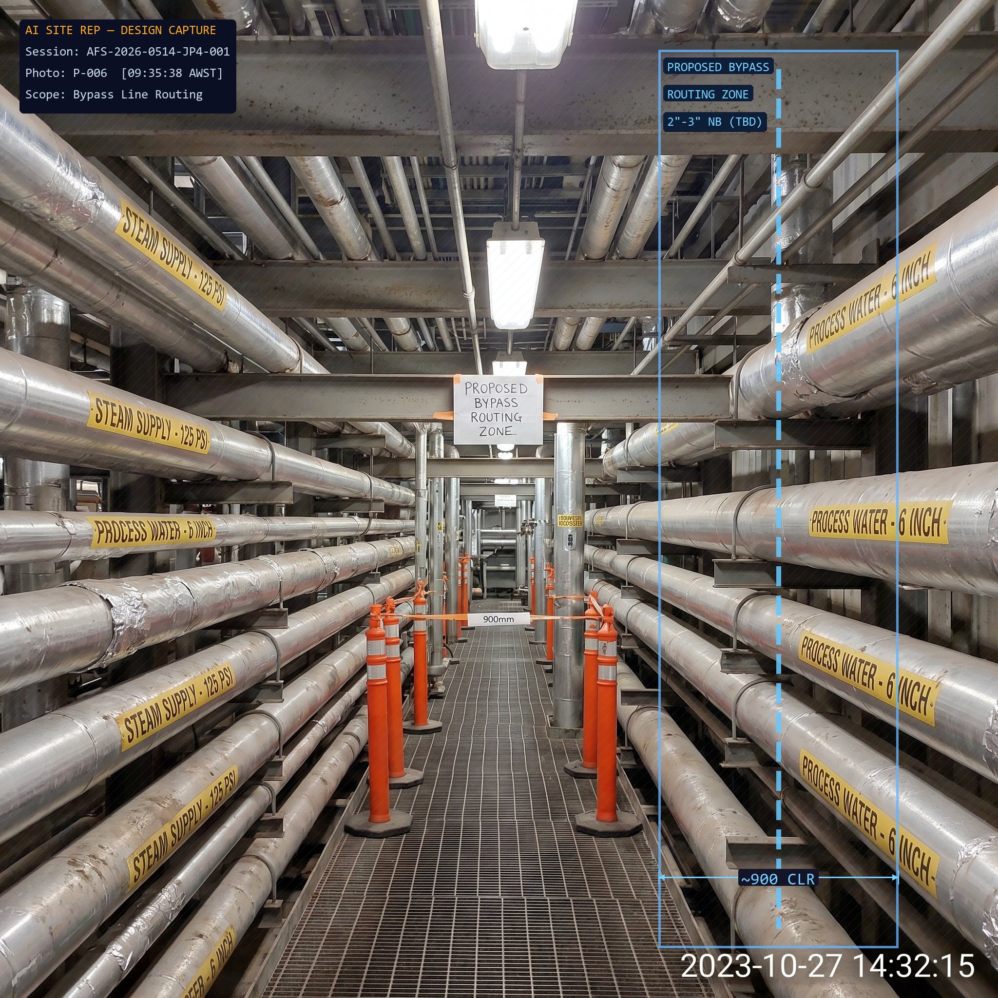 Pipe rack — proposed bypass routing zone — AI annotated